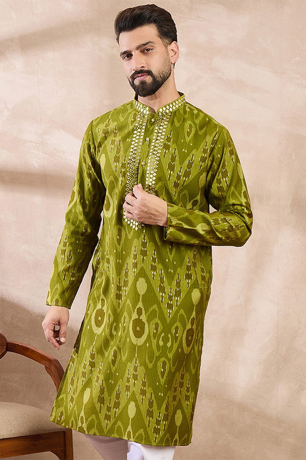 Green Viscose Rayon Chevron Printed Straight Kurta MKU1965