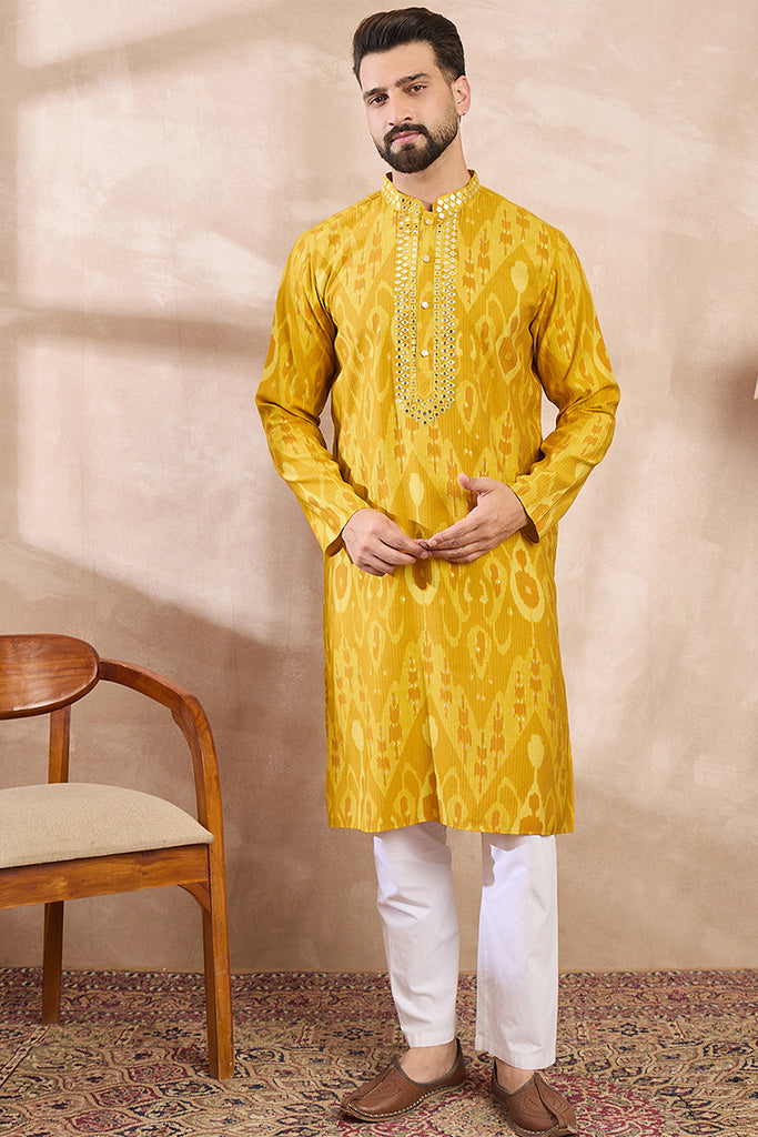 Yellow Viscose Rayon Chevron Printed Straight Kurta MKU1966
