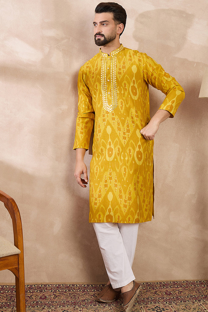 Yellow Viscose Rayon Chevron Printed Straight Kurta MKU1966