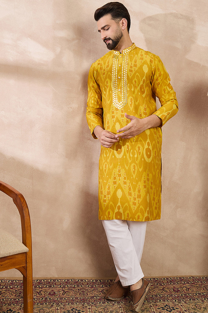 Yellow Viscose Rayon Chevron Printed Straight Kurta MKU1966