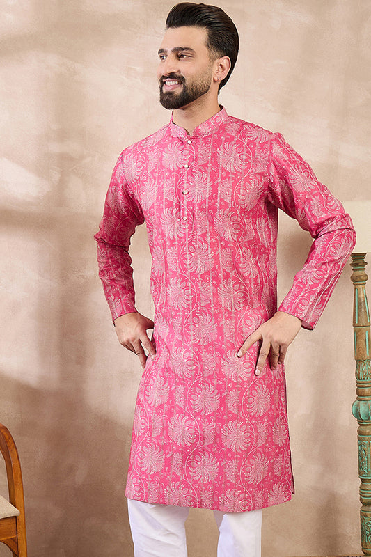 Pink Silk Blend Floral Printed Straight Kurta MKU1972