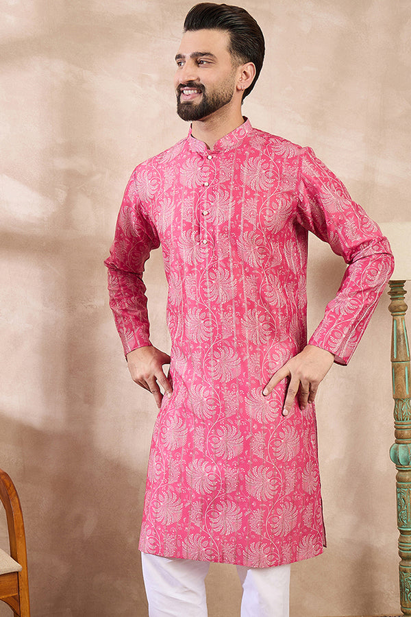 Pink Silk Blend Floral Printed Straight Kurta MKU1972