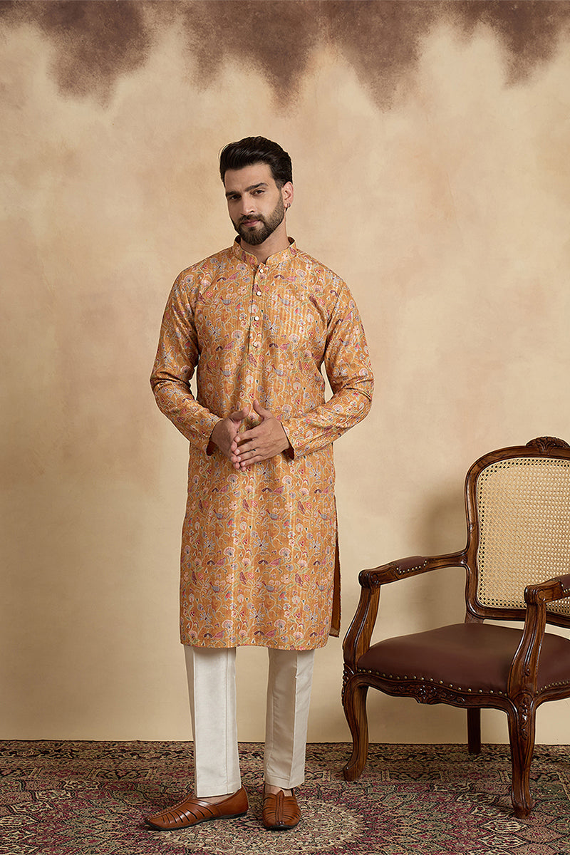 Mustard Silk Blend Printed Straight Kurta With Trousers MKSET1976