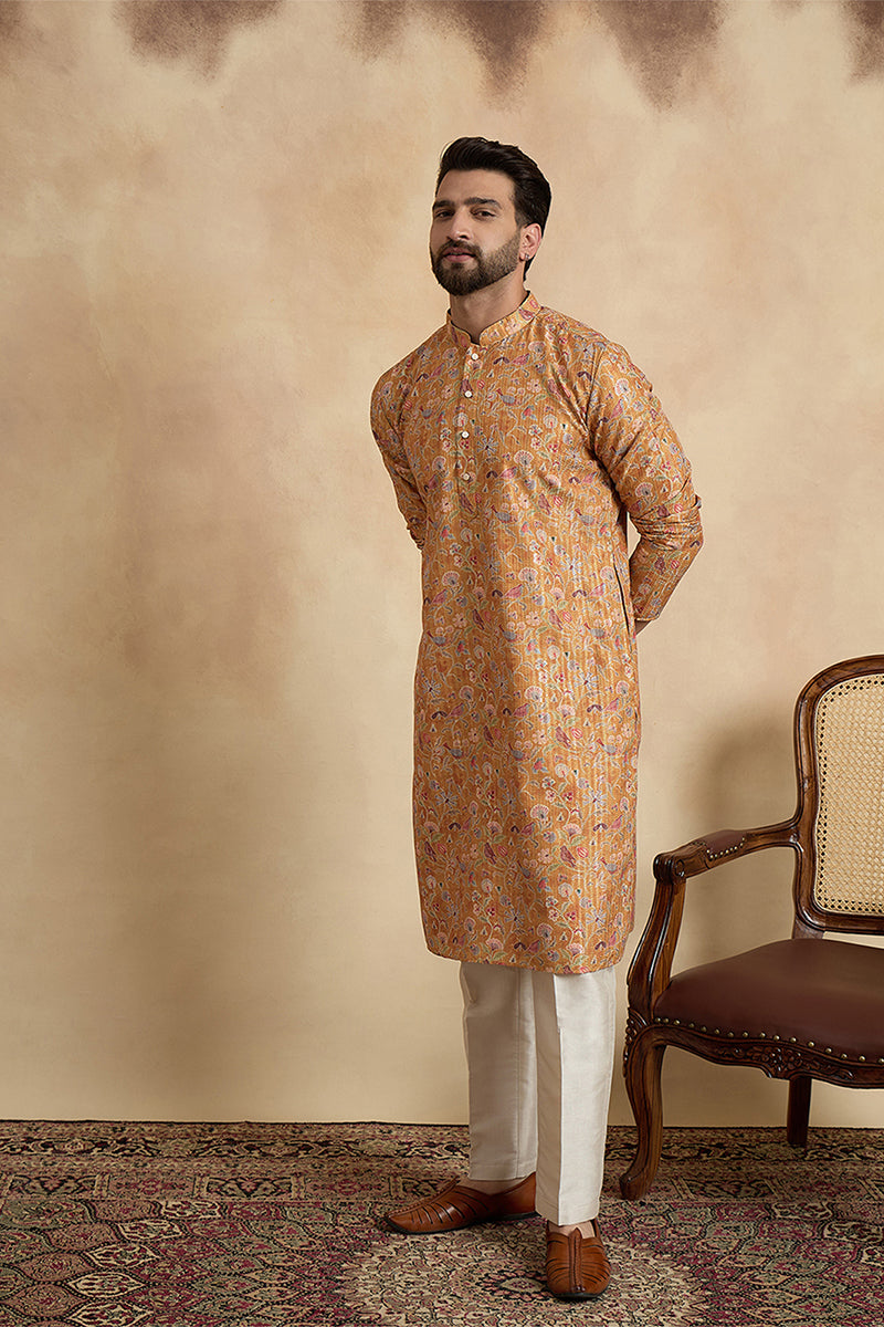 Mustard Silk Blend Printed Straight Kurta With Trousers MKSET1976