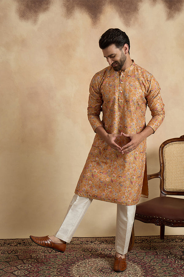 Mustard Silk Blend Printed Straight Kurta With Trousers MKSET1976