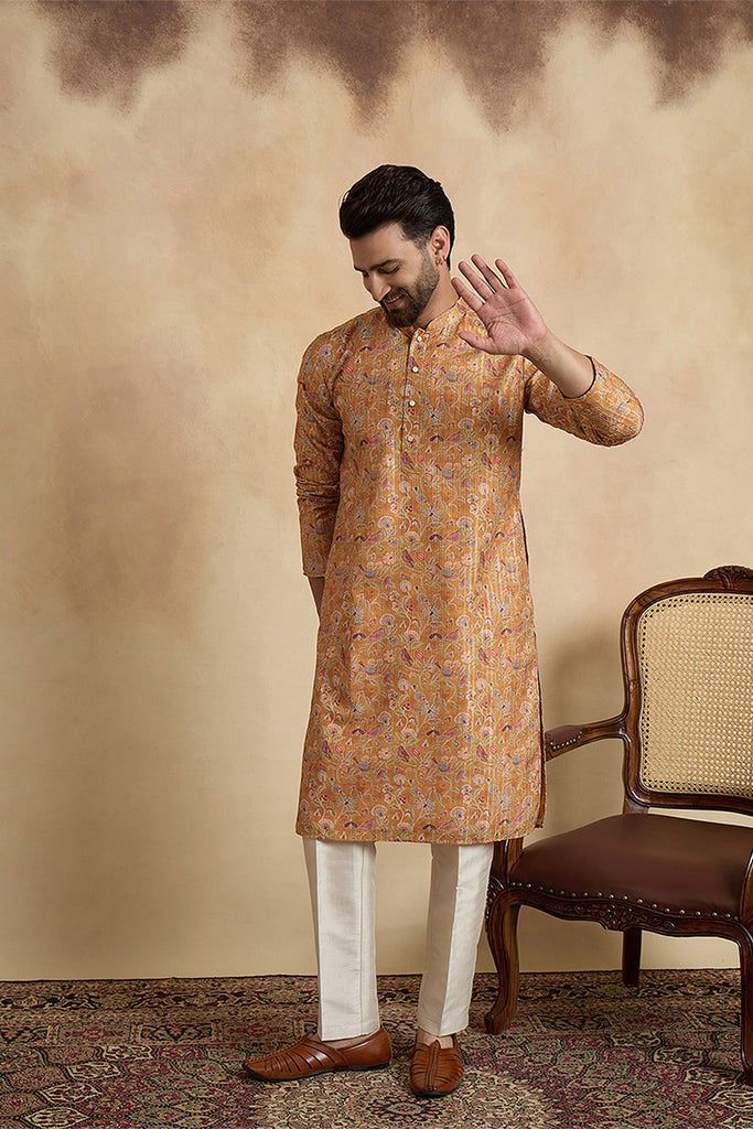 Mustard Silk Blend Printed Straight Kurta With Trousers MKSET1976