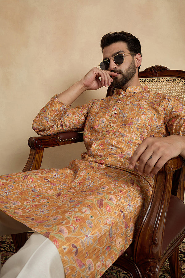 Mustard Silk Blend Printed Straight Kurta With Trousers MKSET1976