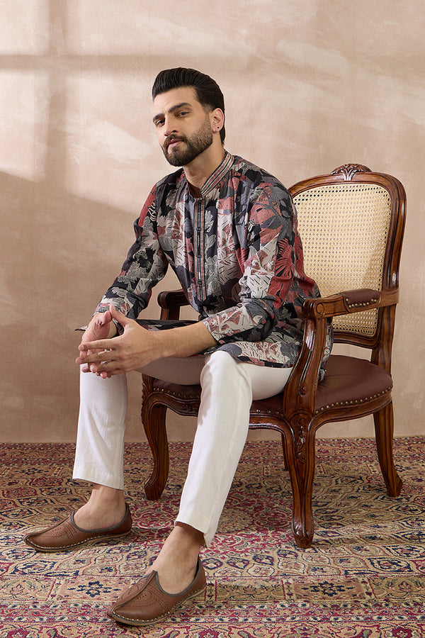 Black Silk Blend Printed Mandarin Collar Straight Kurta MKU1977
