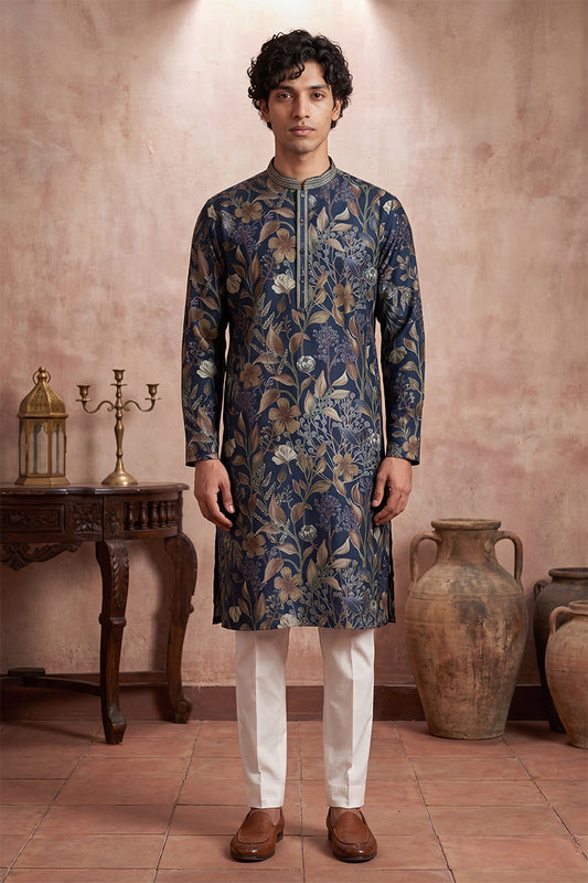 Blue Modal Floral Printed Calf Length Straight Regular Kurta MKU1978
