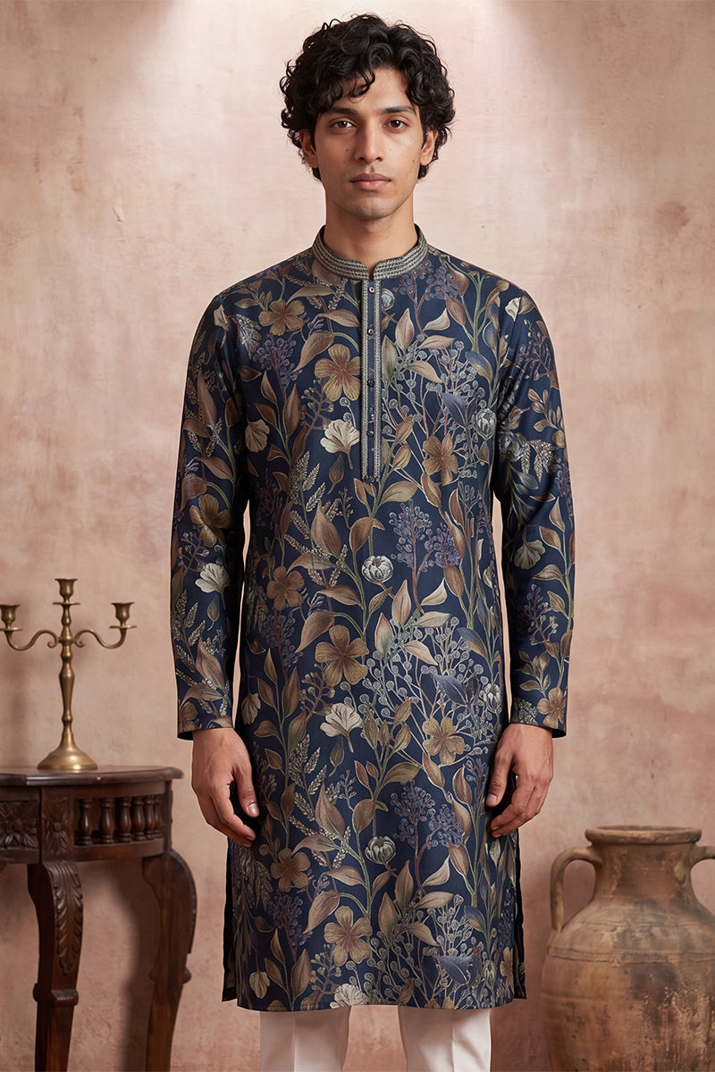 Blue Modal Floral Printed Calf Length Straight Regular Kurta With Trouser MKSET1978