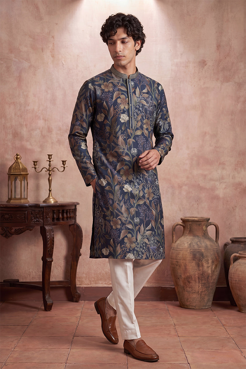 Blue Modal Floral Printed Calf Length Straight Regular Kurta MKU1978