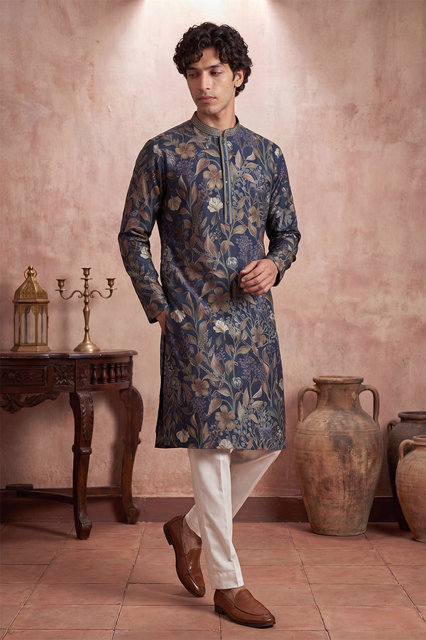 Blue Modal Floral Printed Calf Length Straight Regular Kurta MKU1978