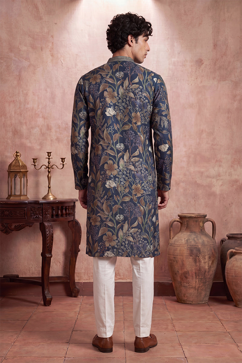 Blue Modal Floral Printed Calf Length Straight Regular Kurta With Trouser MKSET1978