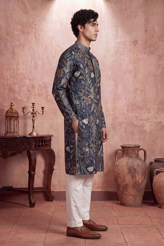 Blue Modal Floral Printed Calf Length Straight Regular Kurta With Trouser MKSET1978