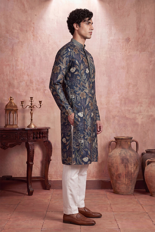 Blue Modal Floral Printed Calf Length Straight Regular Kurta MKU1978
