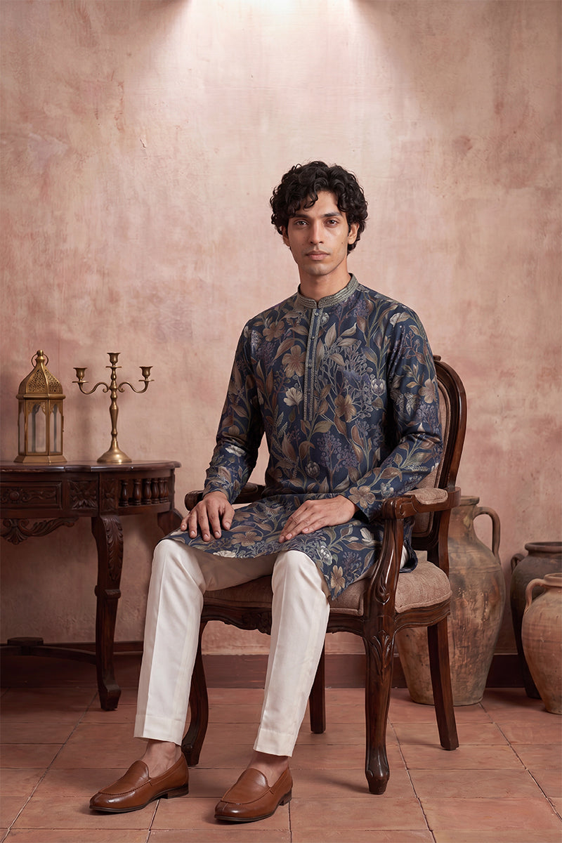 Blue Modal Floral Printed Calf Length Straight Regular Kurta With Trouser MKSET1978