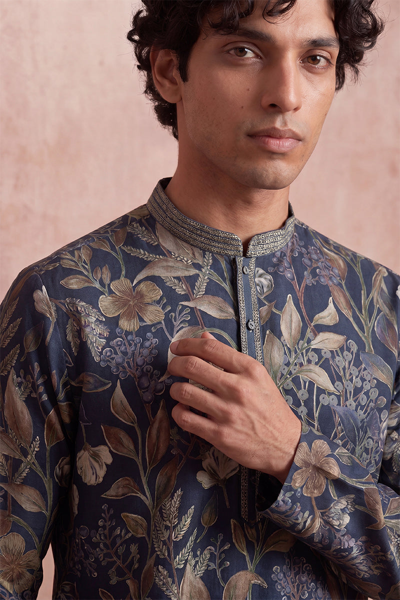 Blue Modal Floral Printed Calf Length Straight Regular Kurta With Trouser MKSET1978