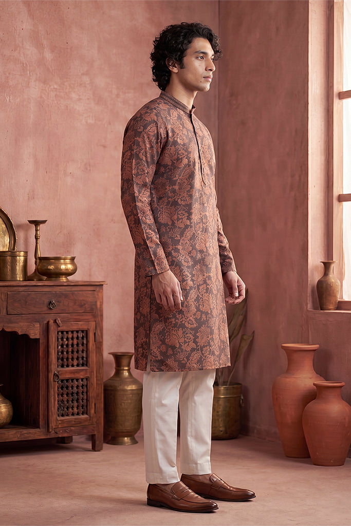 Grey Modal Floral Printed Calf Length Straight Regular Kurta With Trouser MKSET1980