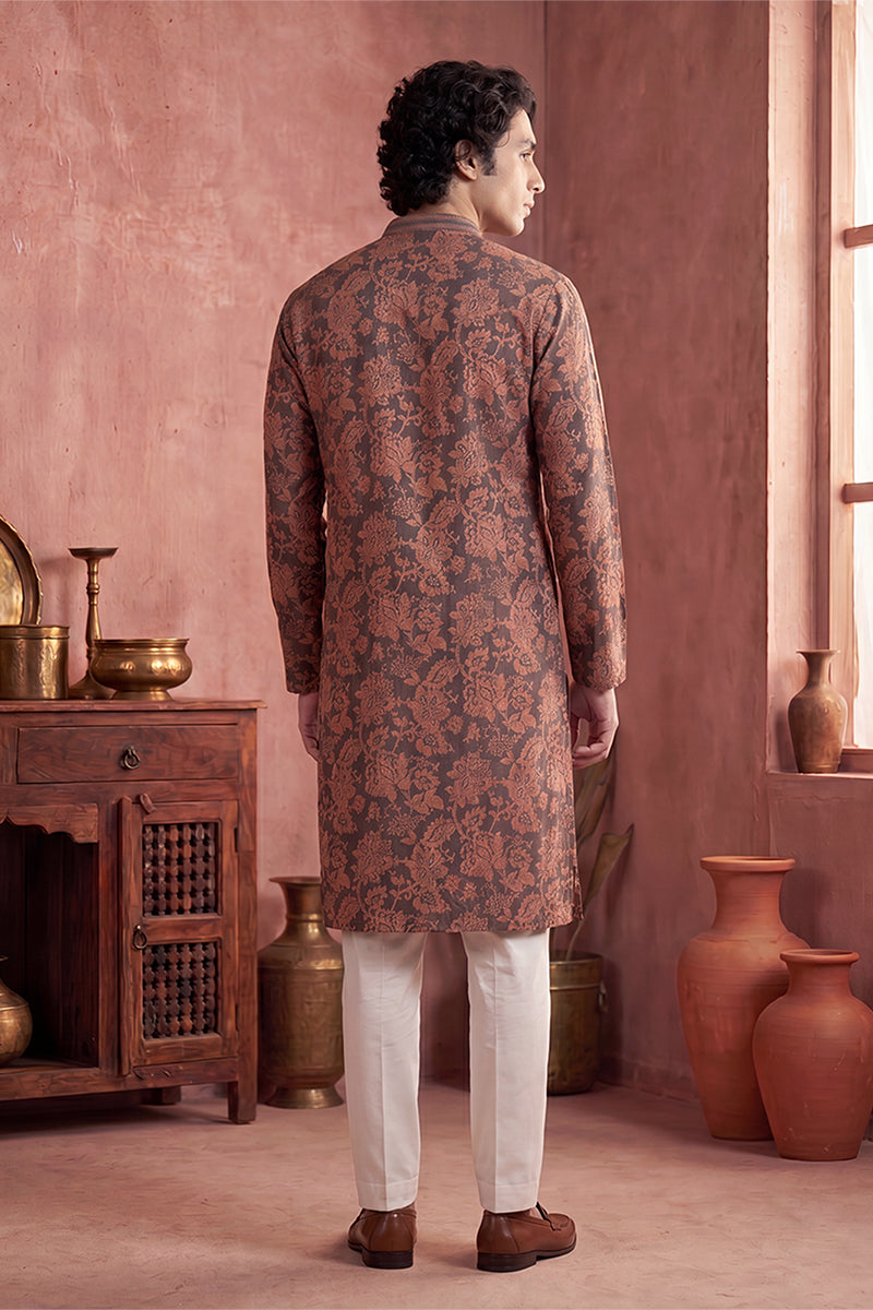 Grey Modal Floral Printed Calf Length Straight Regular Kurta With Trouser MKSET1980