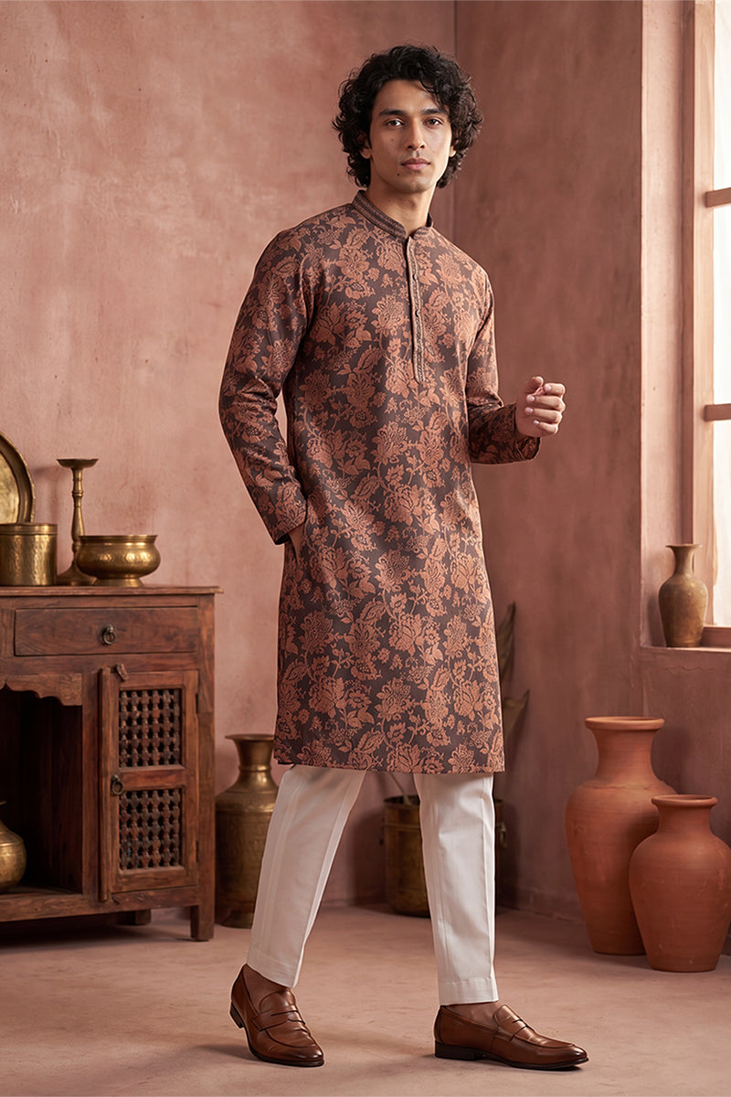 Grey Modal Floral Printed Calf Length Straight Regular Kurta With Trouser MKSET1980
