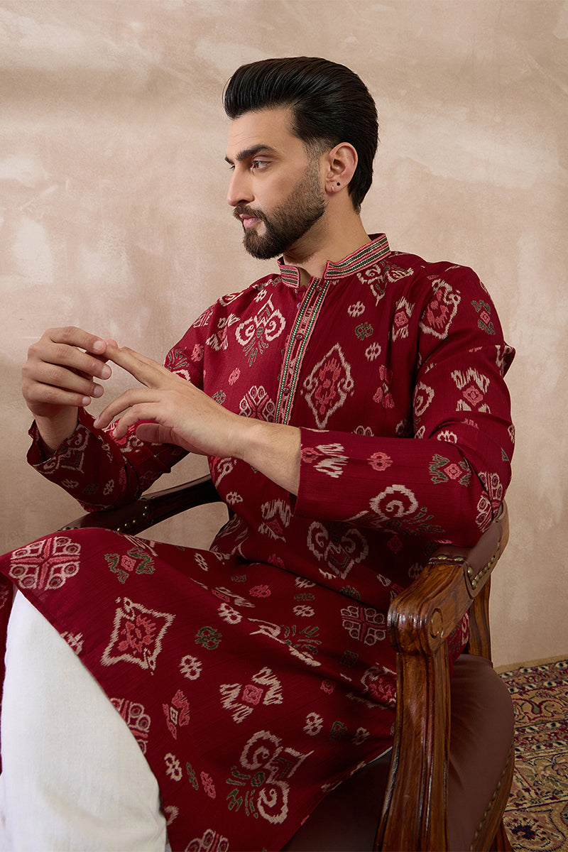 Red Silk Blend Printed Mandarin Collar Straight Kurta MKU1988
