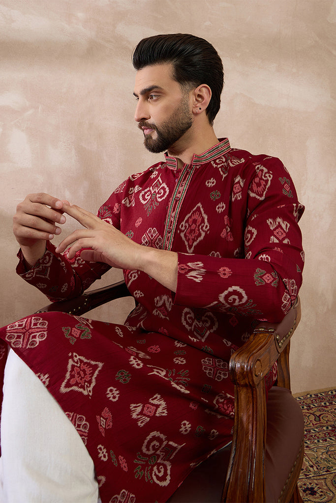Red Silk Blend Printed Mandarin Collar Straight Kurta With Trouser MKSET1988