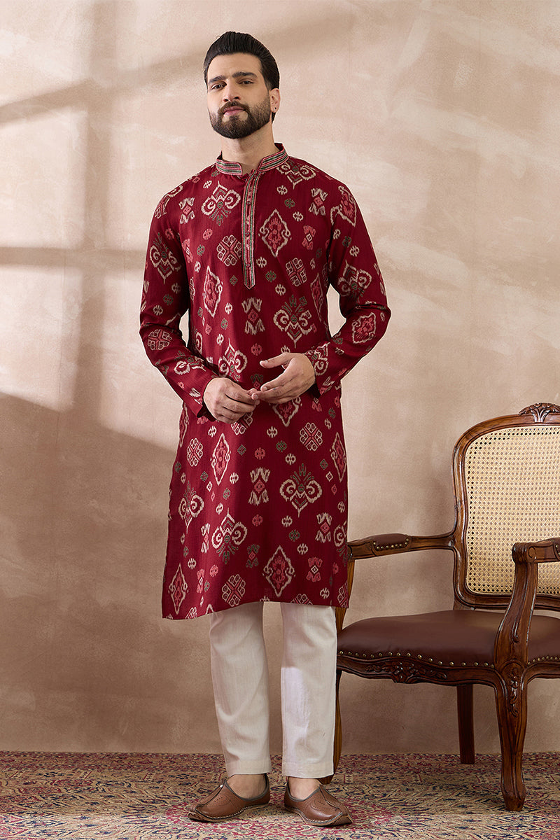 Red Silk Blend Printed Mandarin Collar Straight Kurta MKU1988