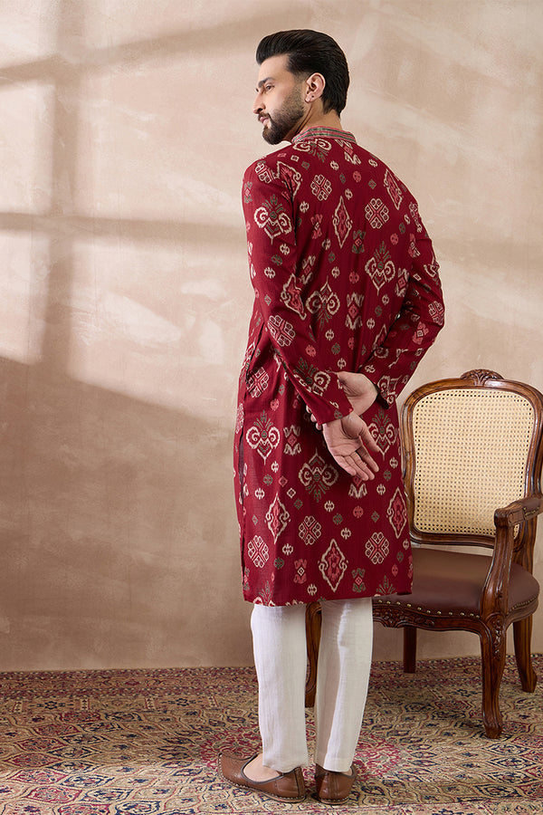 Red Silk Blend Printed Mandarin Collar Straight Kurta MKU1988