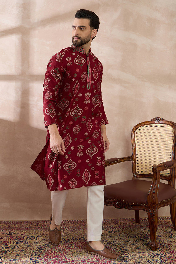 Red Silk Blend Printed Mandarin Collar Straight Kurta MKU1988