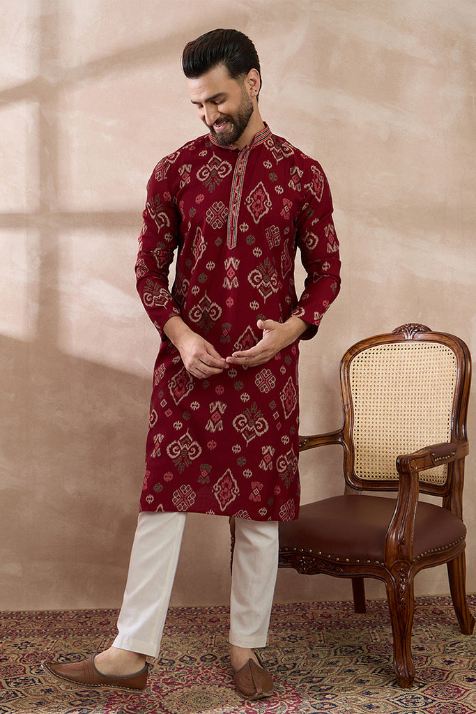 Red Silk Blend Printed Mandarin Collar Straight Kurta MKU1988