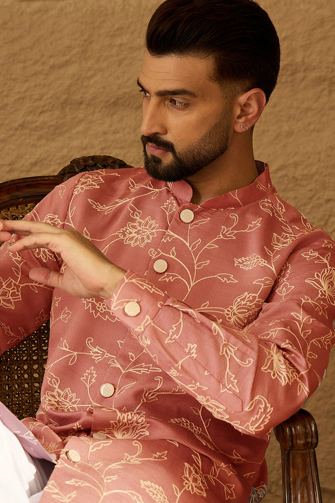 Peach Viscose Rayon Embroidered Mandarin Collar Straight Kurta MKU1989