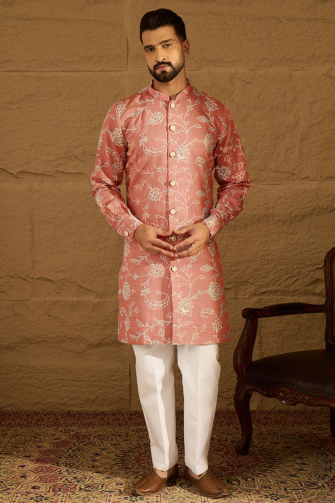Peach Viscose Rayon Embroidered Mandarin Collar Straight Kurta MKU1989
