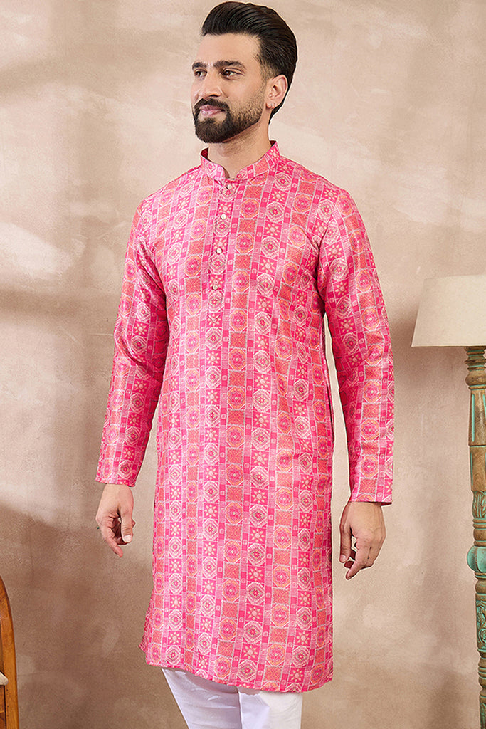 Pink Silk Blend Ethnic Motifs Printed Straight Kurta MKU1990