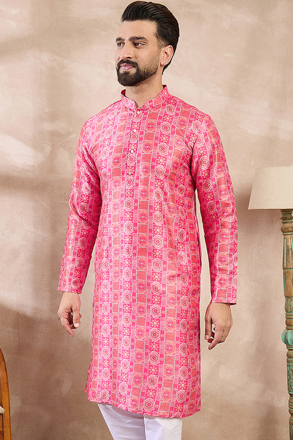Pink Silk Blend Ethnic Motifs Printed Straight Kurta MKU1990
