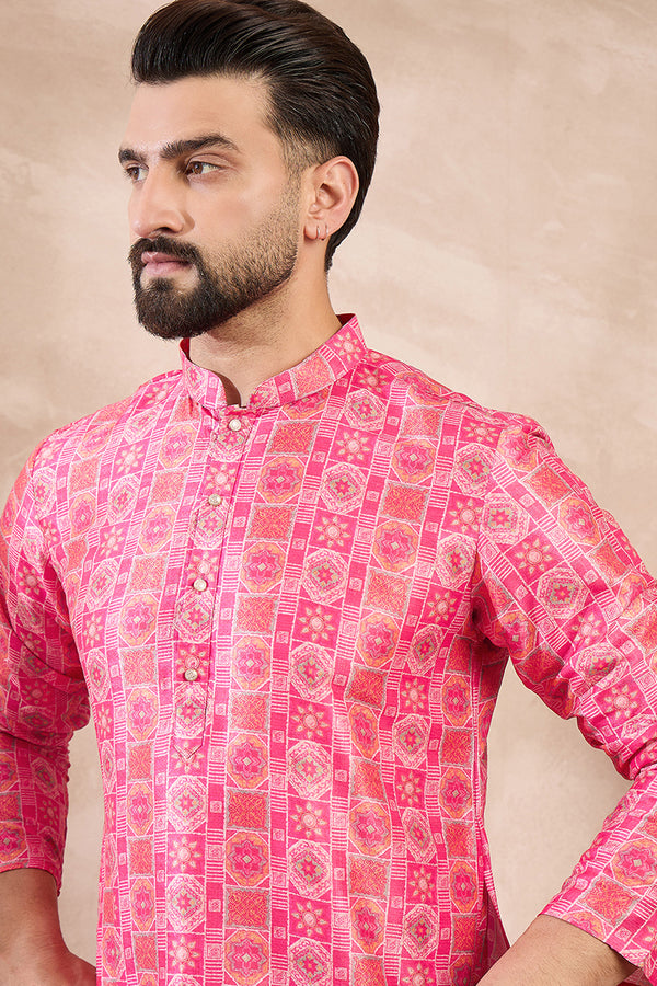 Pink Silk Blend Ethnic Motifs Printed Straight Kurta MKU1990