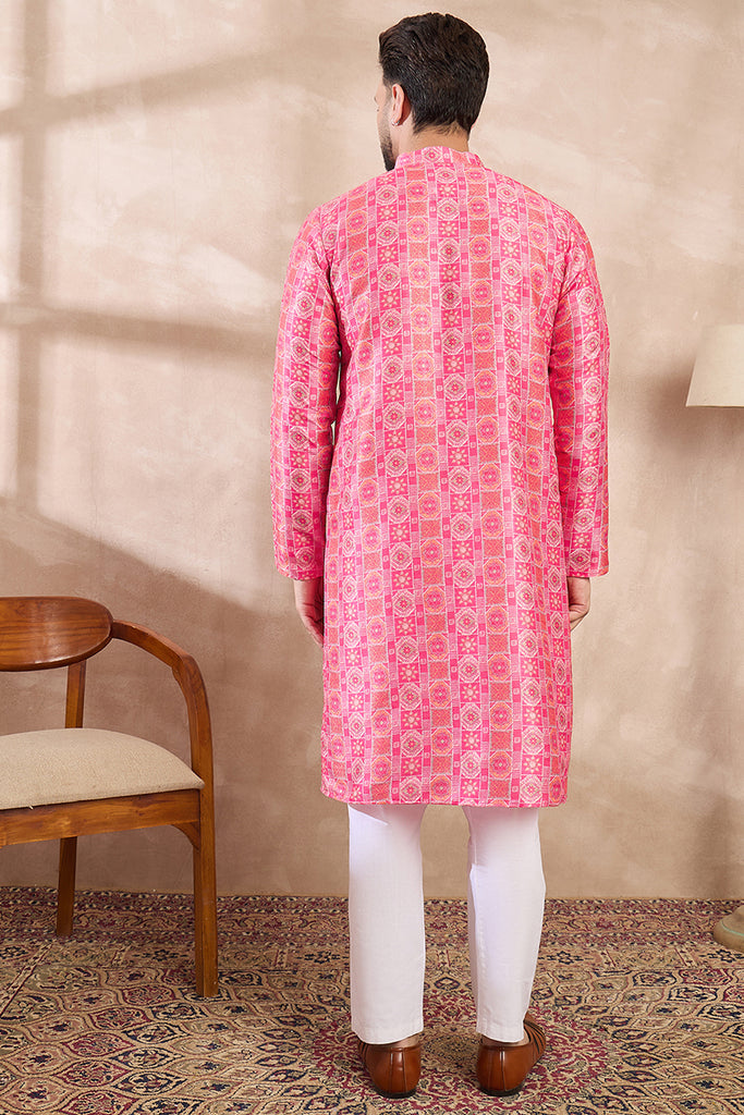 Pink Silk Blend Ethnic Motifs Printed Straight Kurta MKU1990