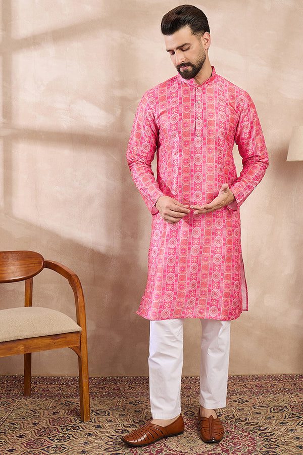 Pink Silk Blend Ethnic Motifs Printed Straight Kurta MKU1990