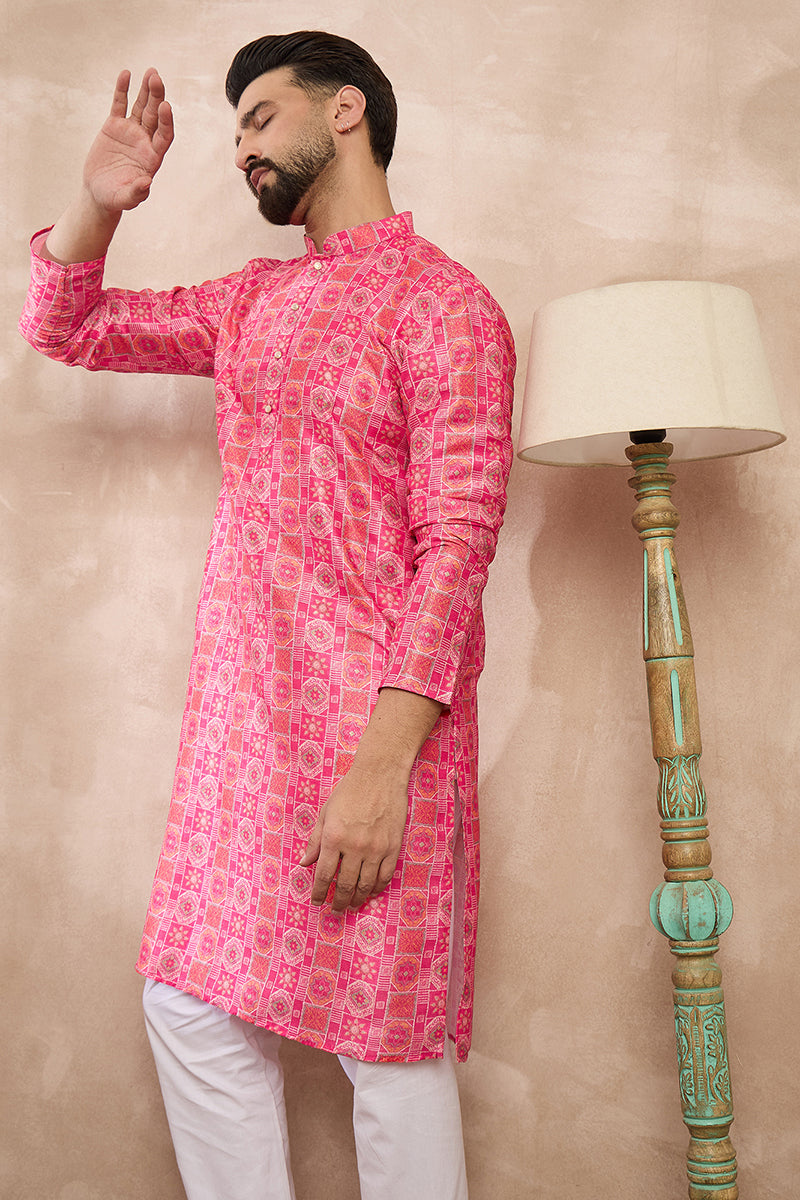 Pink Silk Blend Ethnic Motifs Printed Straight Kurta MKU1990