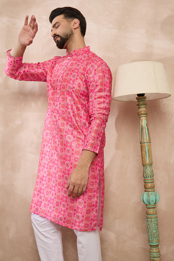 Pink Silk Blend Ethnic Motifs Printed Straight Kurta MKU1990