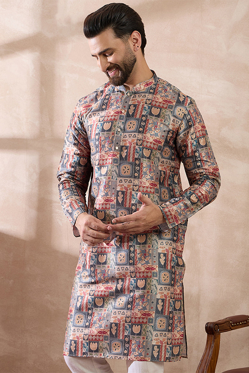 Multi Silk Blend Printed Mandarin Collar Straight Kurta MKU2001