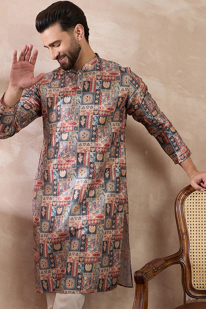 Multi Silk Blend Printed Mandarin Collar Straight Kurta MKU2001