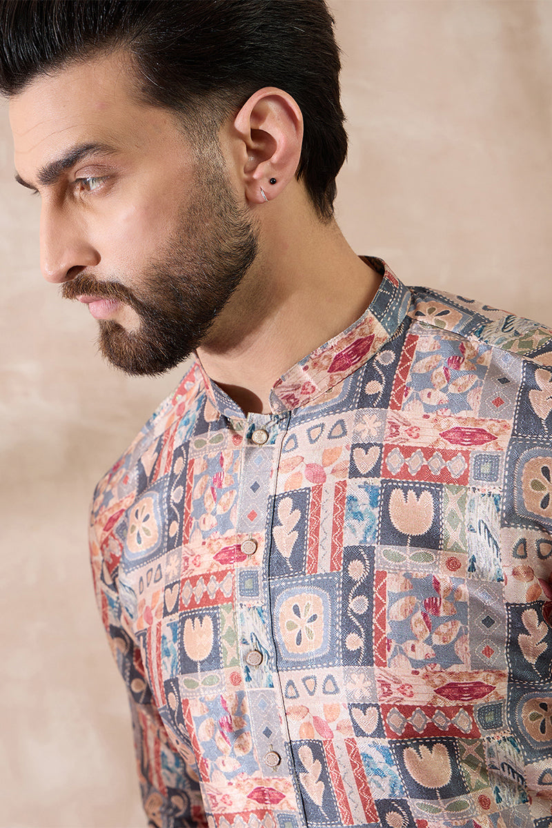 Multi Silk Blend Printed Mandarin Collar Straight Kurta With Trouser MKSET2001