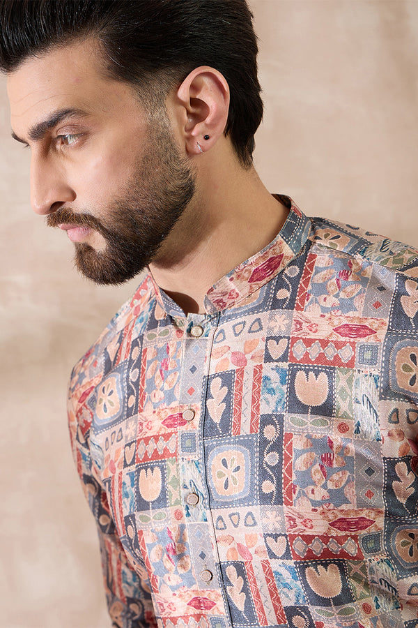 Multi Silk Blend Printed Mandarin Collar Straight Kurta MKU2001