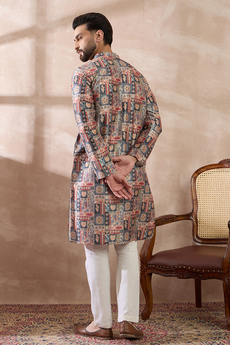 Multi Silk Blend Printed Mandarin Collar Straight Kurta With Trouser MKSET2001