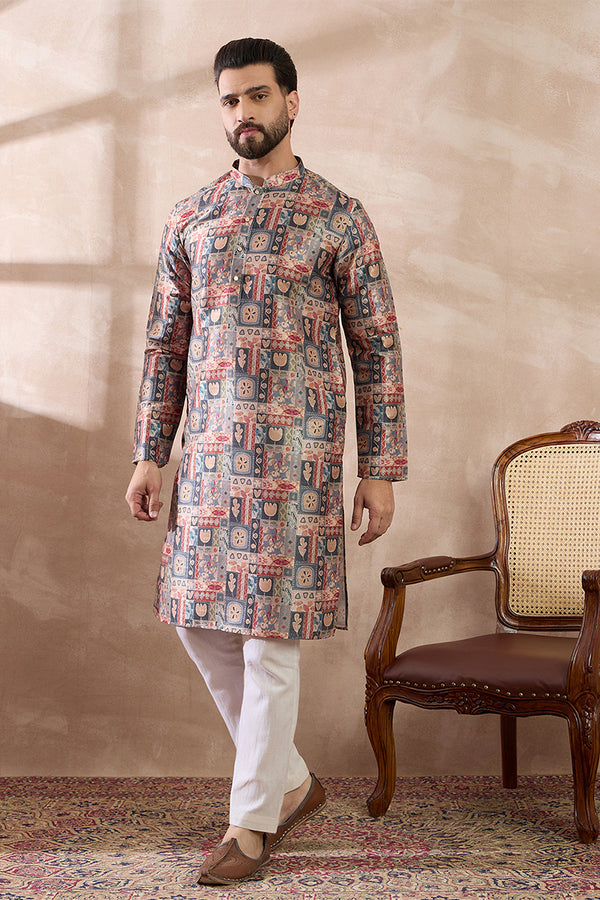 Multi Silk Blend Printed Mandarin Collar Straight Kurta MKU2001