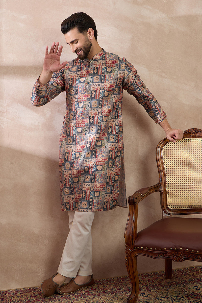Multi Silk Blend Printed Mandarin Collar Straight Kurta With Trouser MKSET2001