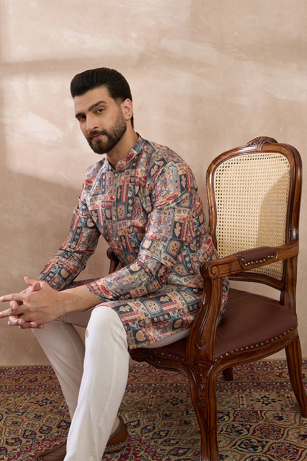 Multi Silk Blend Printed Mandarin Collar Straight Kurta With Trouser MKSET2001