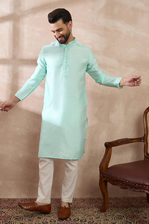 Teal Polyester Woven Design Mandarin Collar Straight Kurta MKU2016