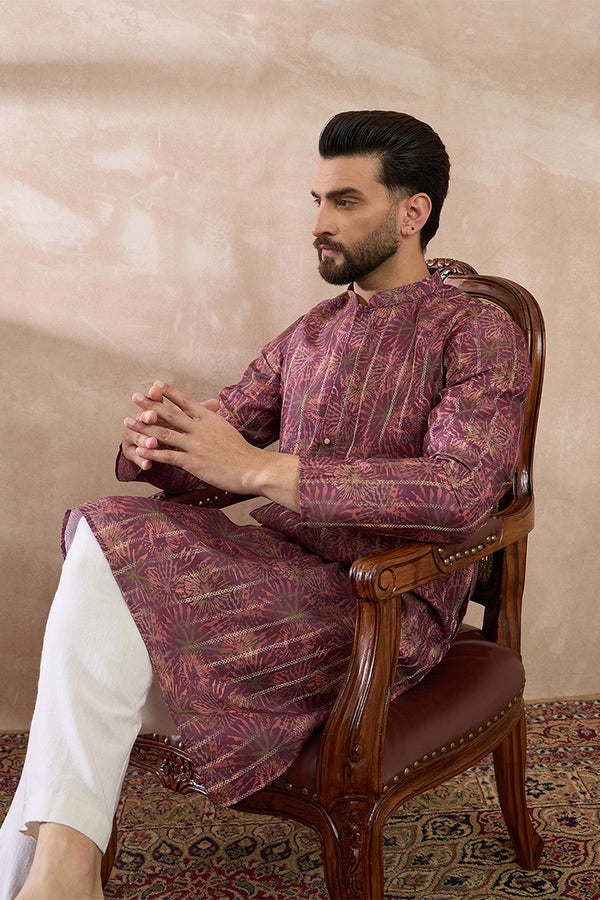 Purple Silk Blend Printed Mandarin Collar Straight Kurta MKU2023