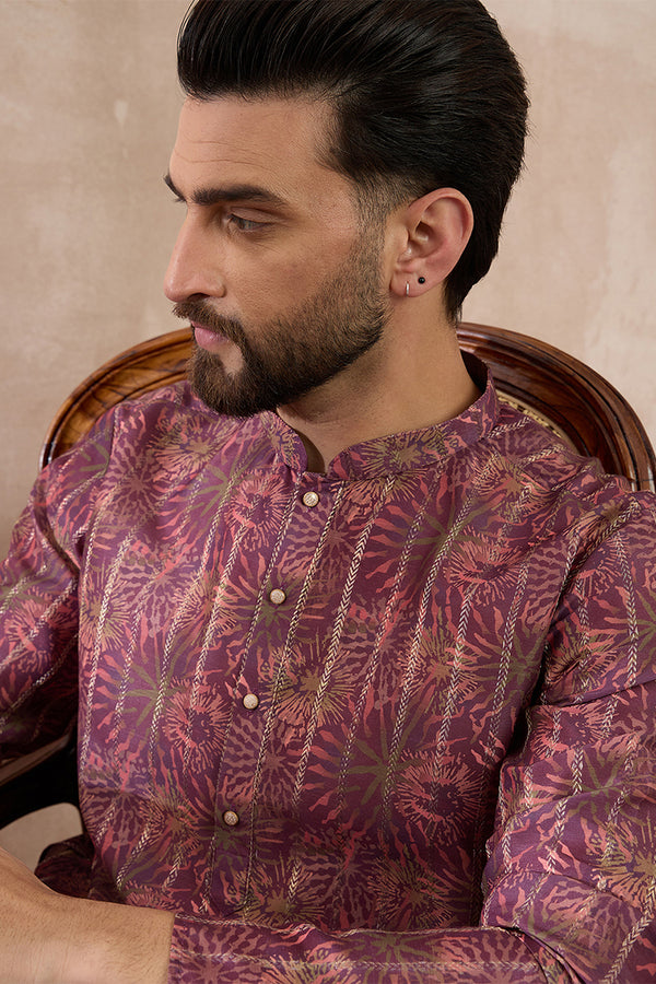 Purple Silk Blend Printed Mandarin Collar Straight Kurta MKU2023